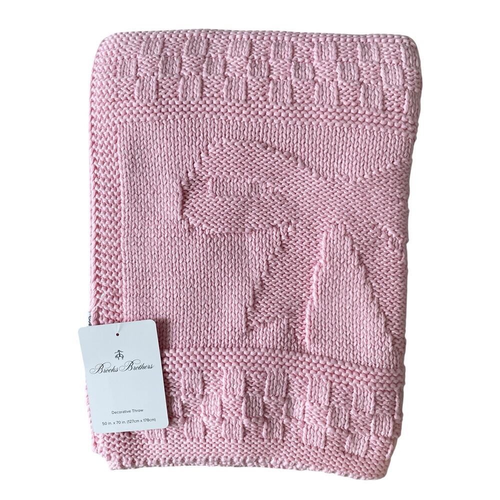 Brooks Brothers Pink Bow Knitted Throw Blanket 50x70 Designer Spring Decor NEW